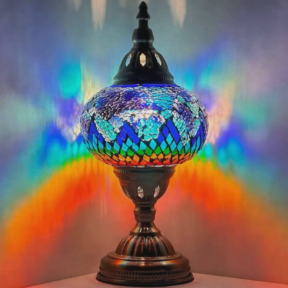 360-degree view of the Vintage Atlantis Rainbow Mosaic Glass Lamp mosaic glass table lamp