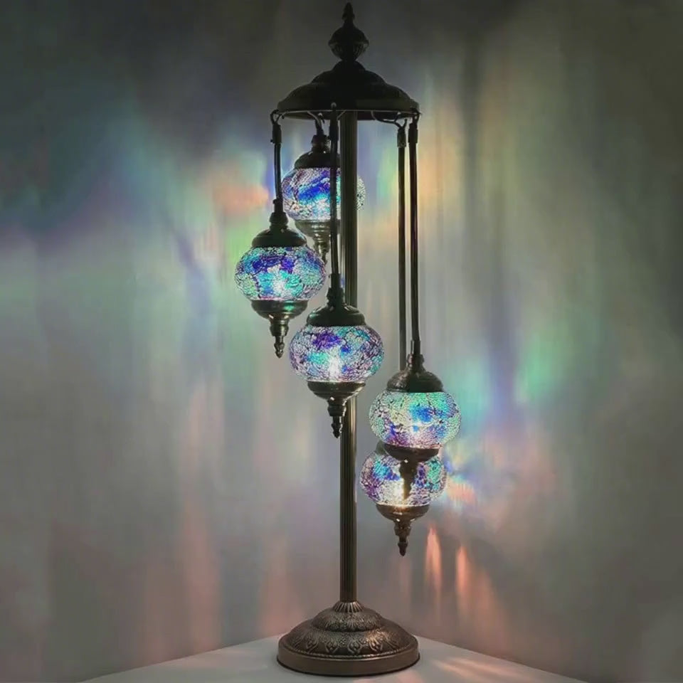 360-degree view of the Deep Sea Blue Turkish Lamp with Quintuple Mosaic Globes mosaic glass table lamp