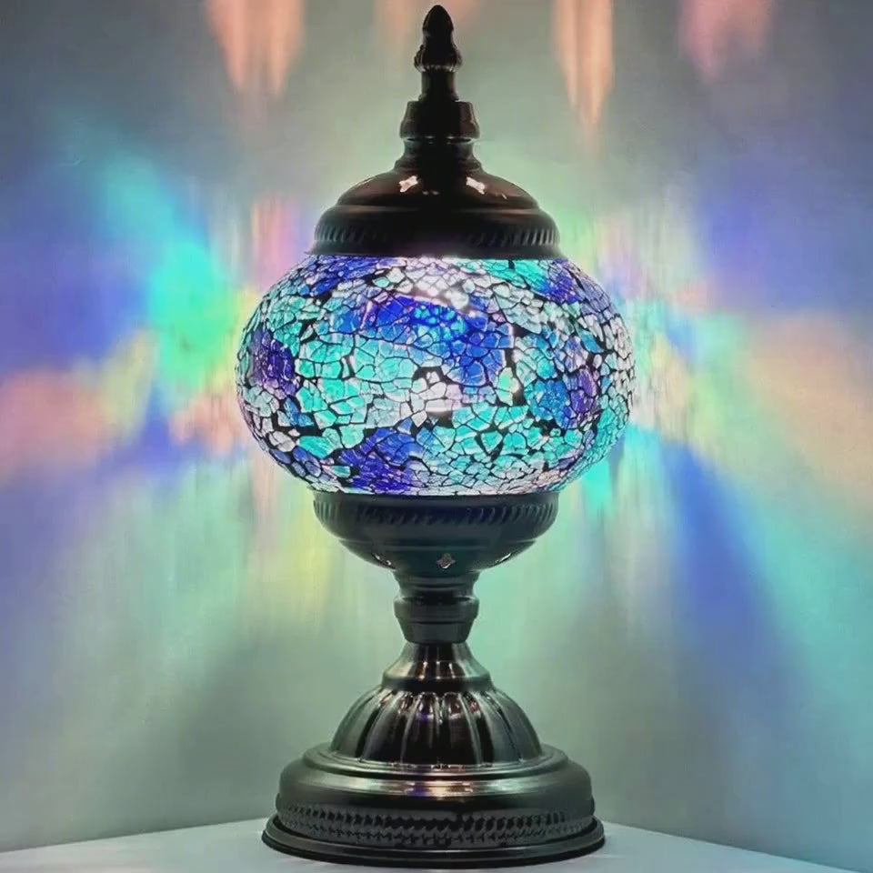 360-degree view of the Round Mosaic Lamp with Blue Lavender Motif mosaic glass table lamp