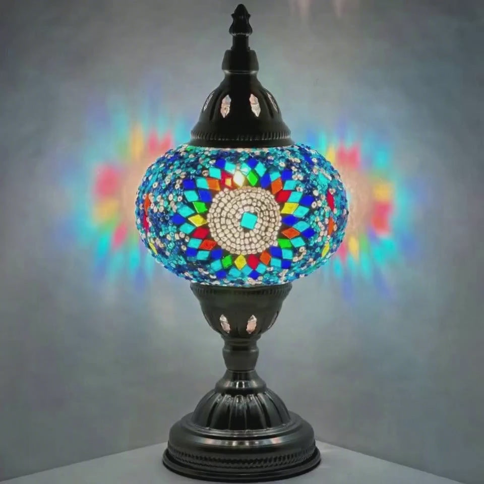 360-degree view of the Cold Sunflower Turkish Lamp in Blue mosaic glass table lamp