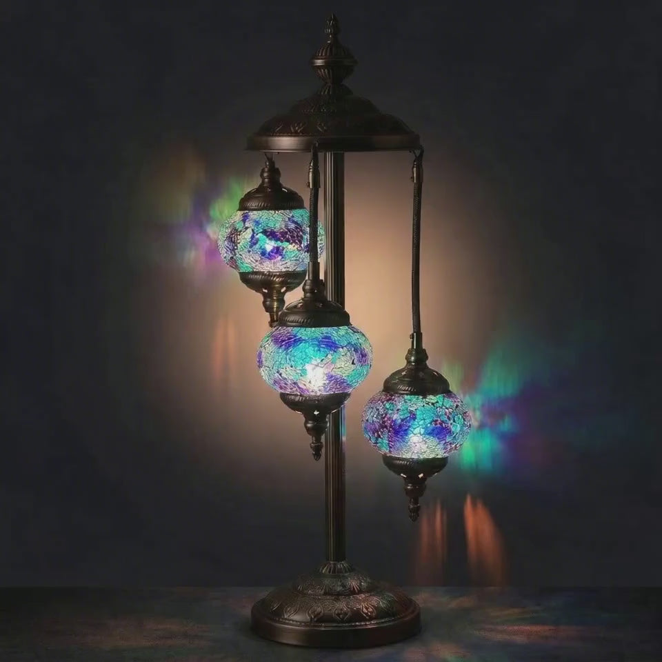 360-degree view of a handmade Turkish-style mosaic glass lamp