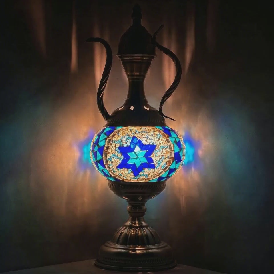 360-degree view of a handmade Turkish-style mosaic glass lamp