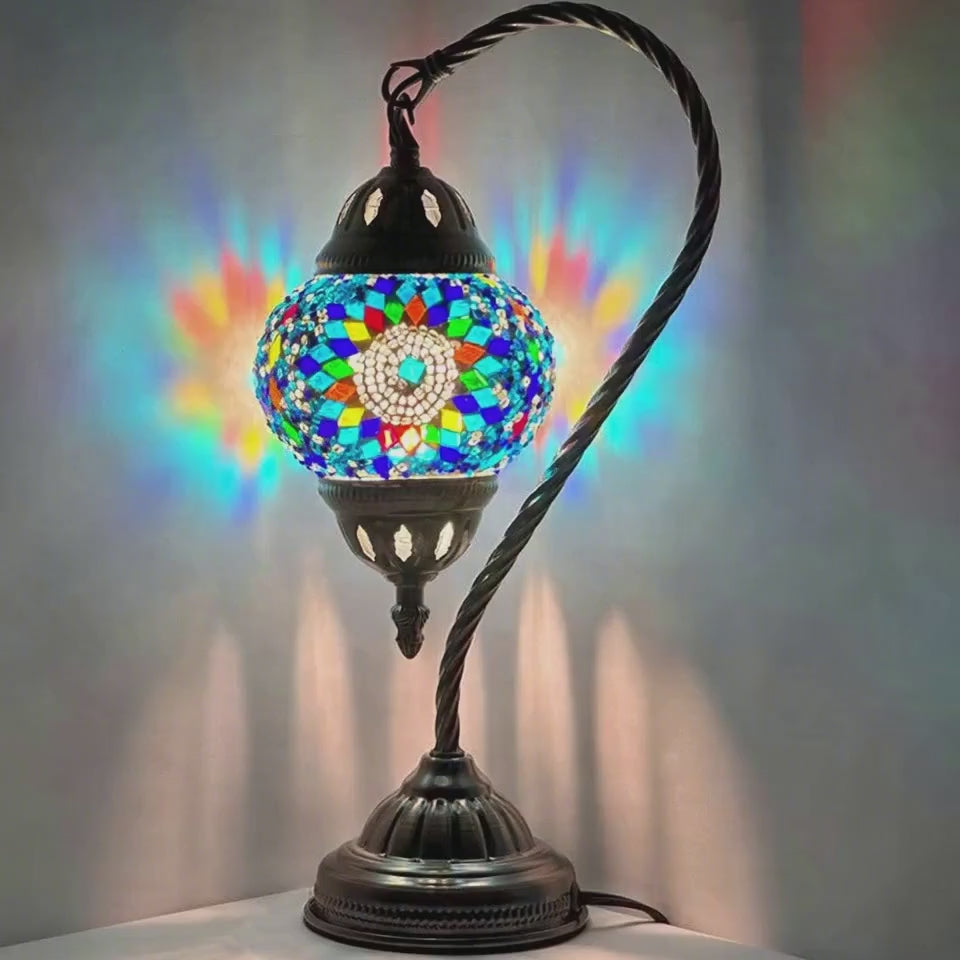 360-degree view of the Blue Flower Turkish Style Lamps with Swan Neck Design mosaic glass table lamp