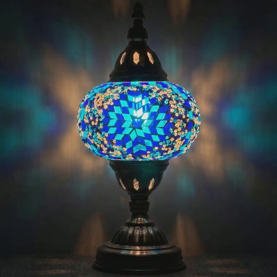 360-degree view of a handmade Turkish-style mosaic glass lamp
