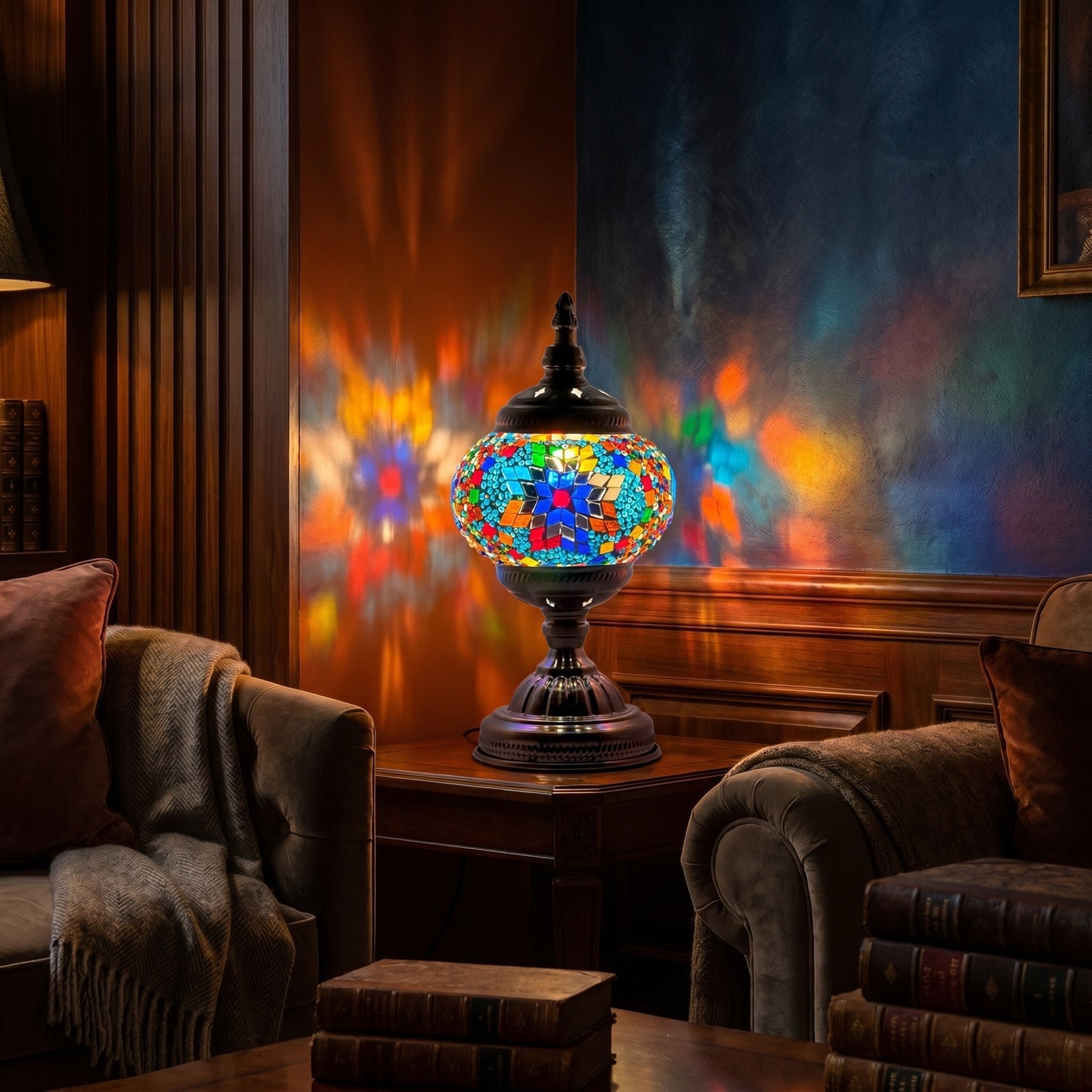 Prismatic Artistry mosaic glass table lamp — glowing in a warm, dimly-lit evening room