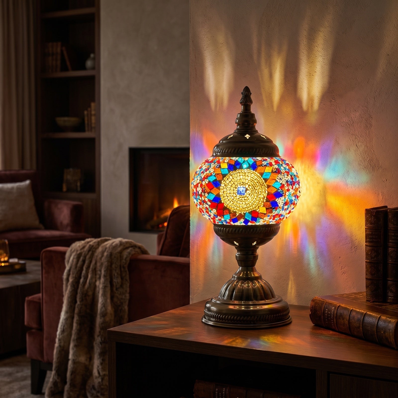 Prismatic Fantasy mosaic glass table lamp — glowing in a warm, dimly-lit evening room