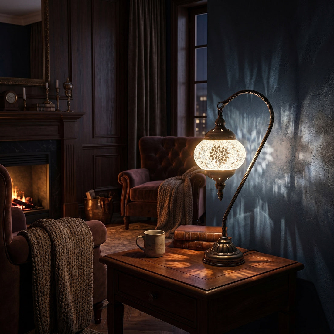 Purity Blossom mosaic glass table lamp — glowing against a deep charcoal background
