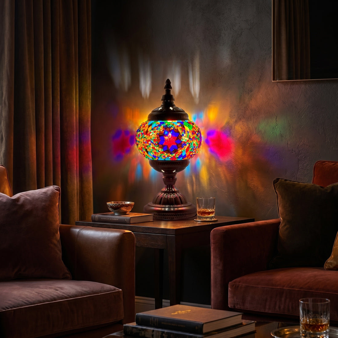 Purple Aurora mosaic glass table lamp — glowing against a deep charcoal background