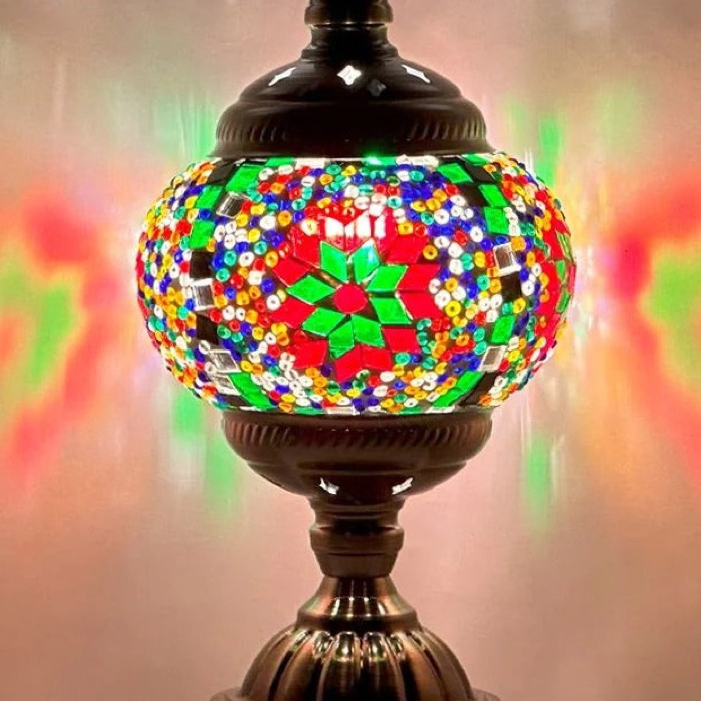 Rainbow Blaze mosaic glass table lamp — close-up of the hand-cut mosaic glass