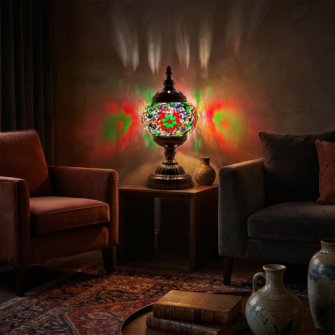 Rainbow Blaze mosaic glass table lamp — glowing against a deep charcoal background