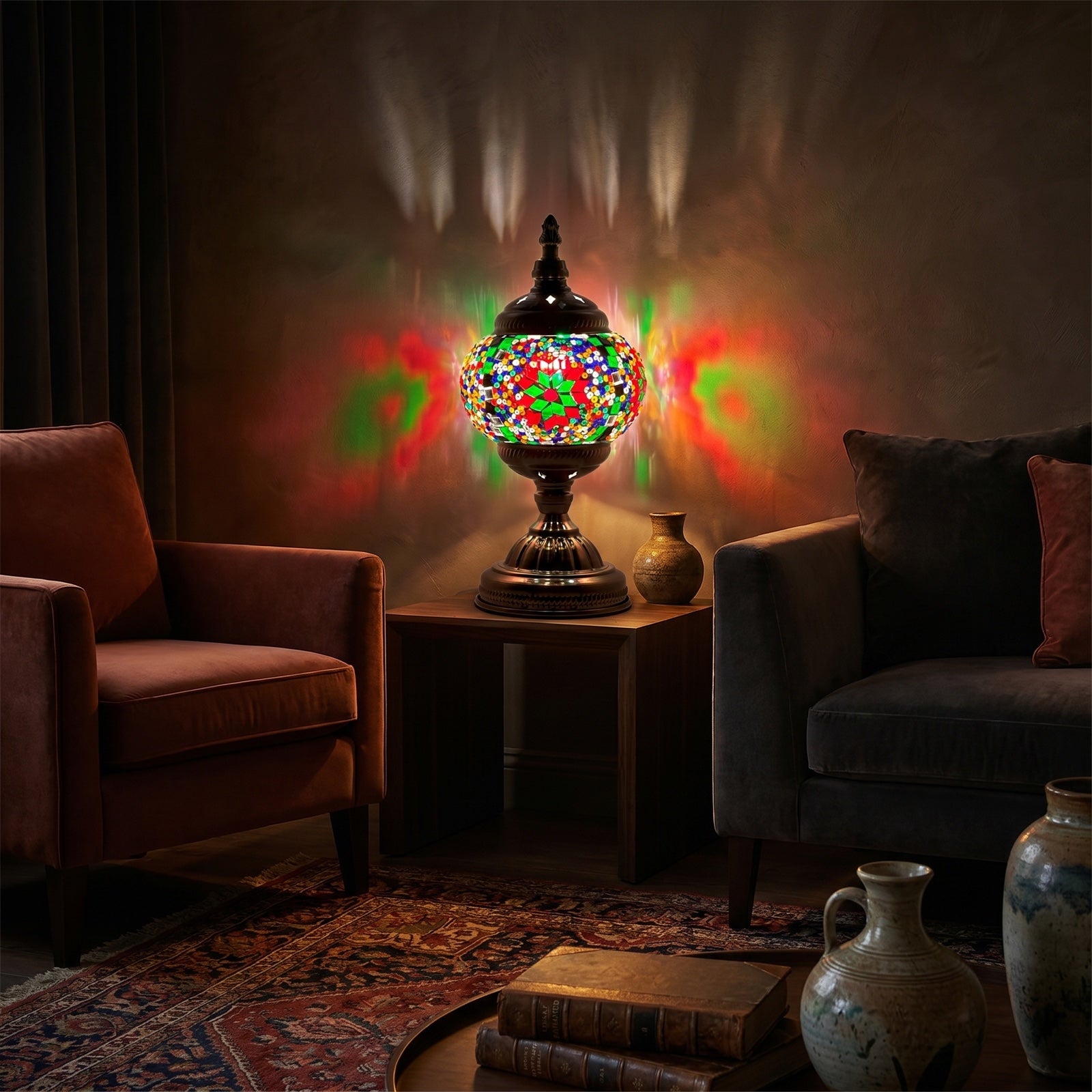 Rainbow Blaze mosaic glass table lamp — glowing in a warm, dimly-lit evening room