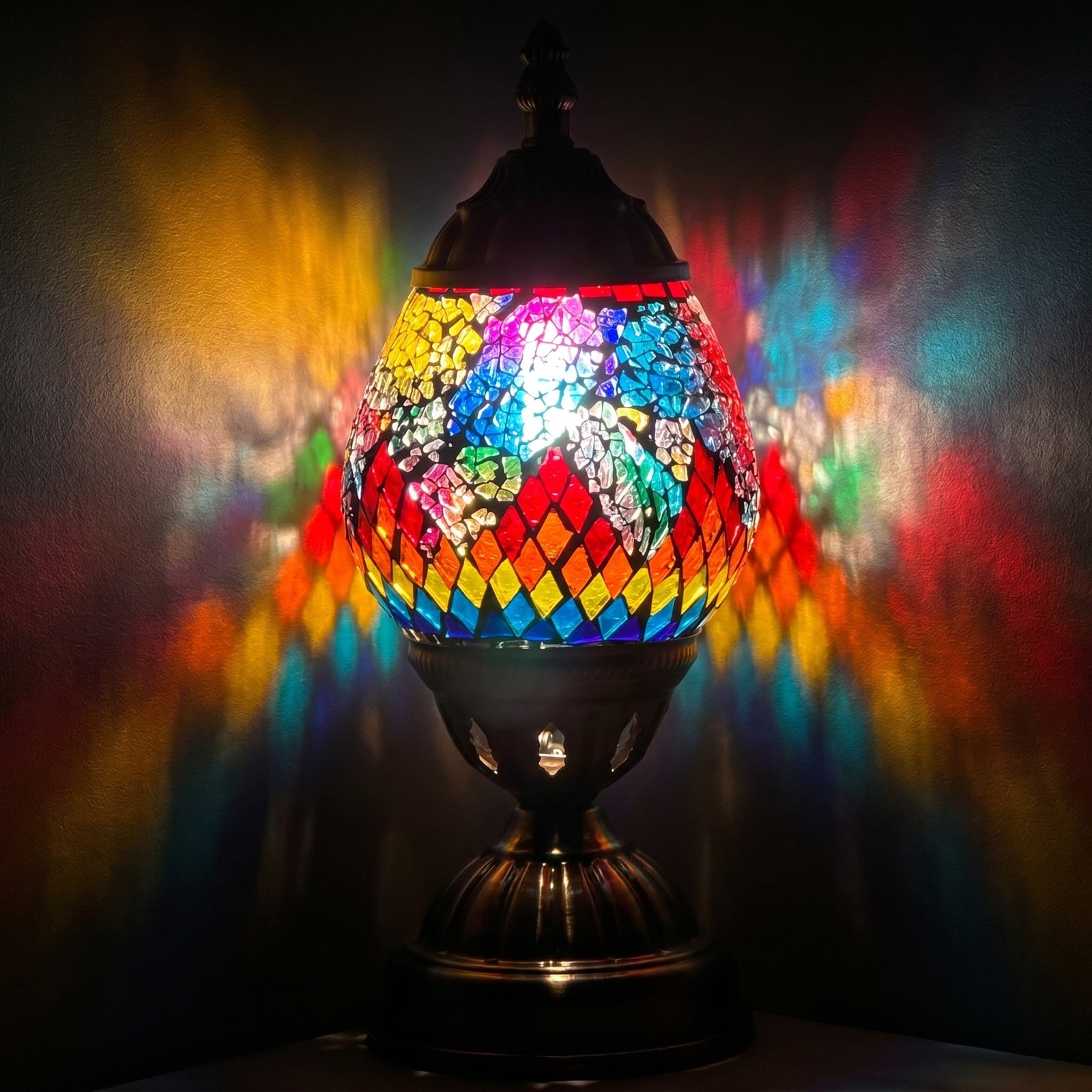 Rainbow Bridge Mosaic Table Lamp mosaic glass table lamp — glowing against a deep charcoal background
