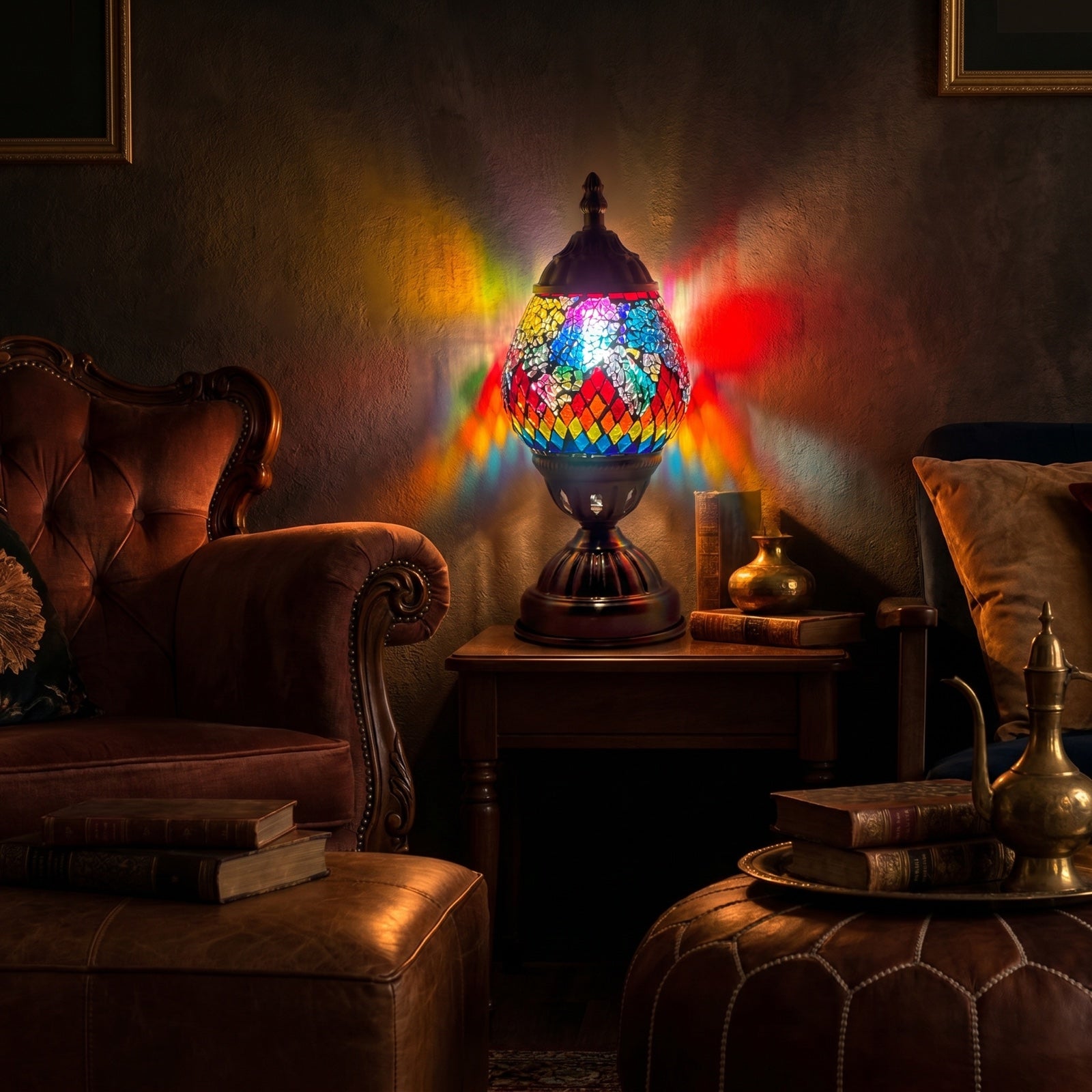 Rainbow Bridge Mosaic Table Lamp mosaic glass table lamp — glowing in a warm, dimly-lit evening room