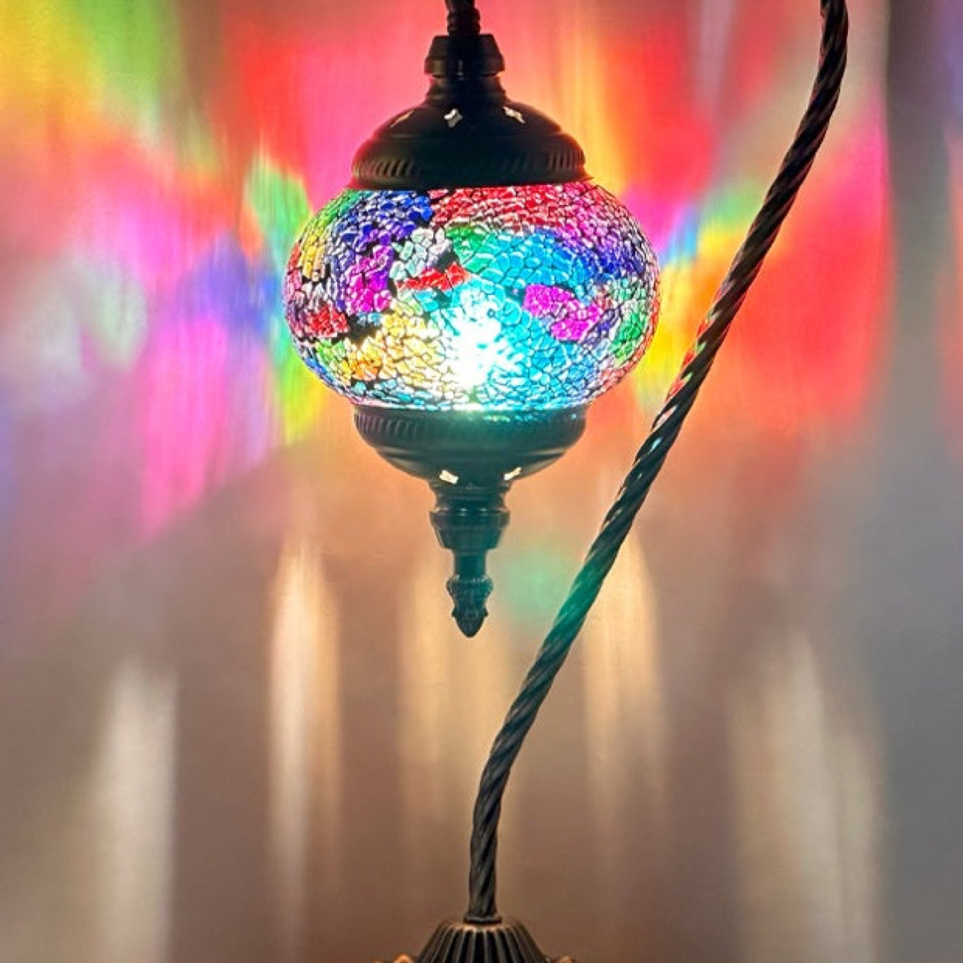 Rainbow Clouds Swan Neck Moroccan Mosaic Lamps mosaic glass table lamp — close-up of the hand-cut mosaic glass