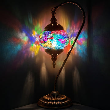 Rainbow Clouds Swan Neck Moroccan Mosaic Lamps mosaic glass table lamp — glowing against a deep charcoal background