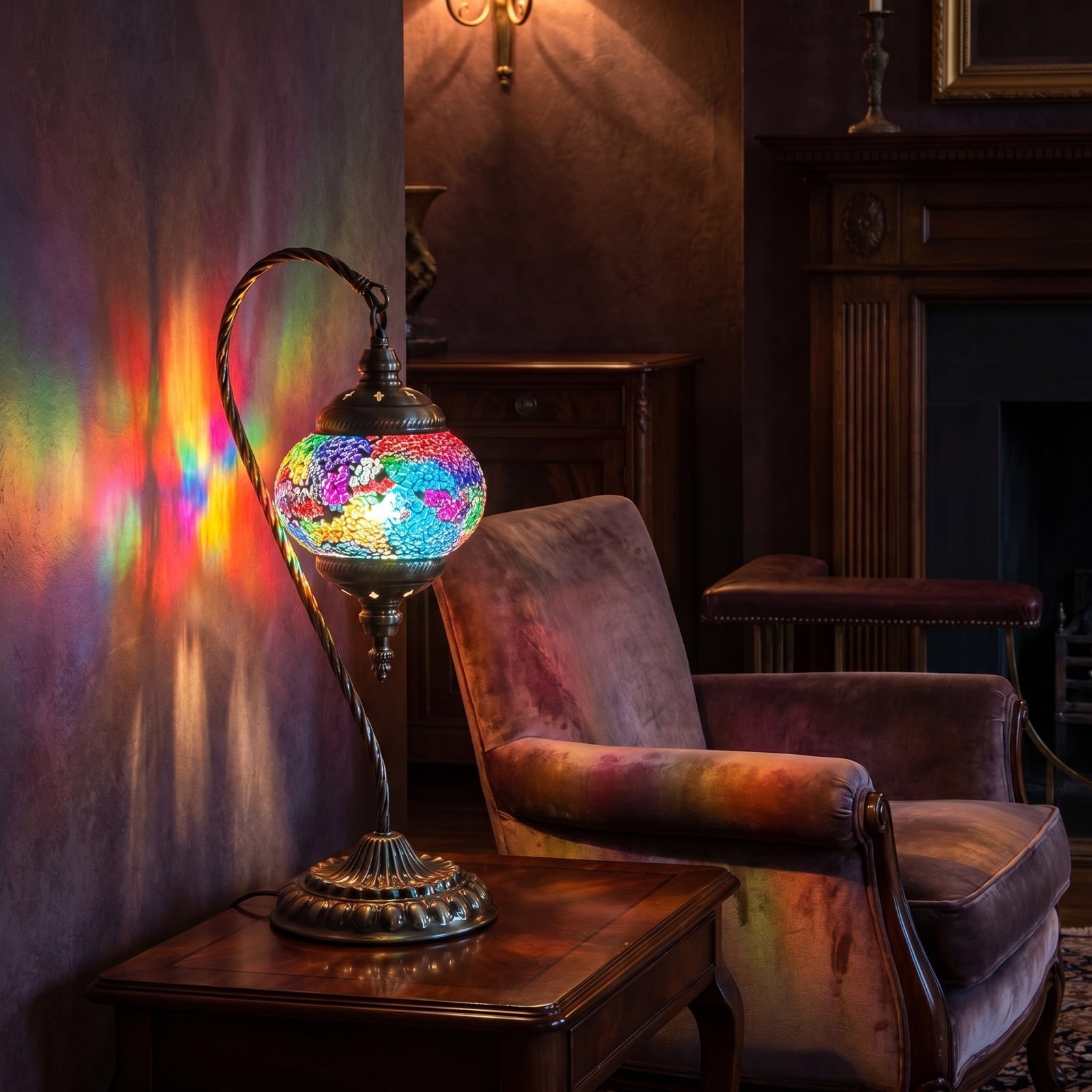 Rainbow Clouds Swan Neck Moroccan Mosaic Lamps mosaic glass table lamp — glowing in a warm, dimly-lit evening room