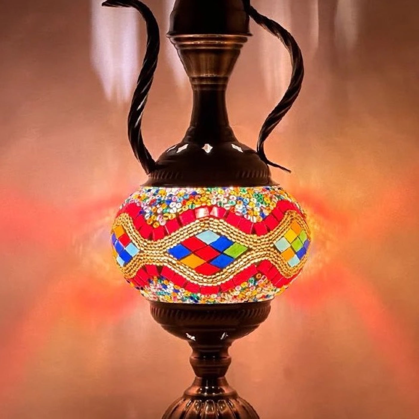 Rainbow Enchantment mosaic glass table lamp — close-up of the hand-cut mosaic glass