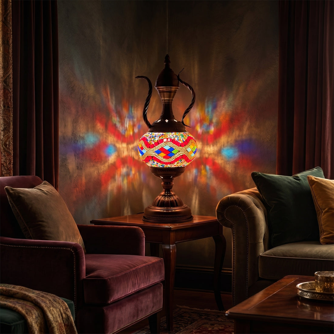 Rainbow Enchantment mosaic glass table lamp — glowing against a deep charcoal background