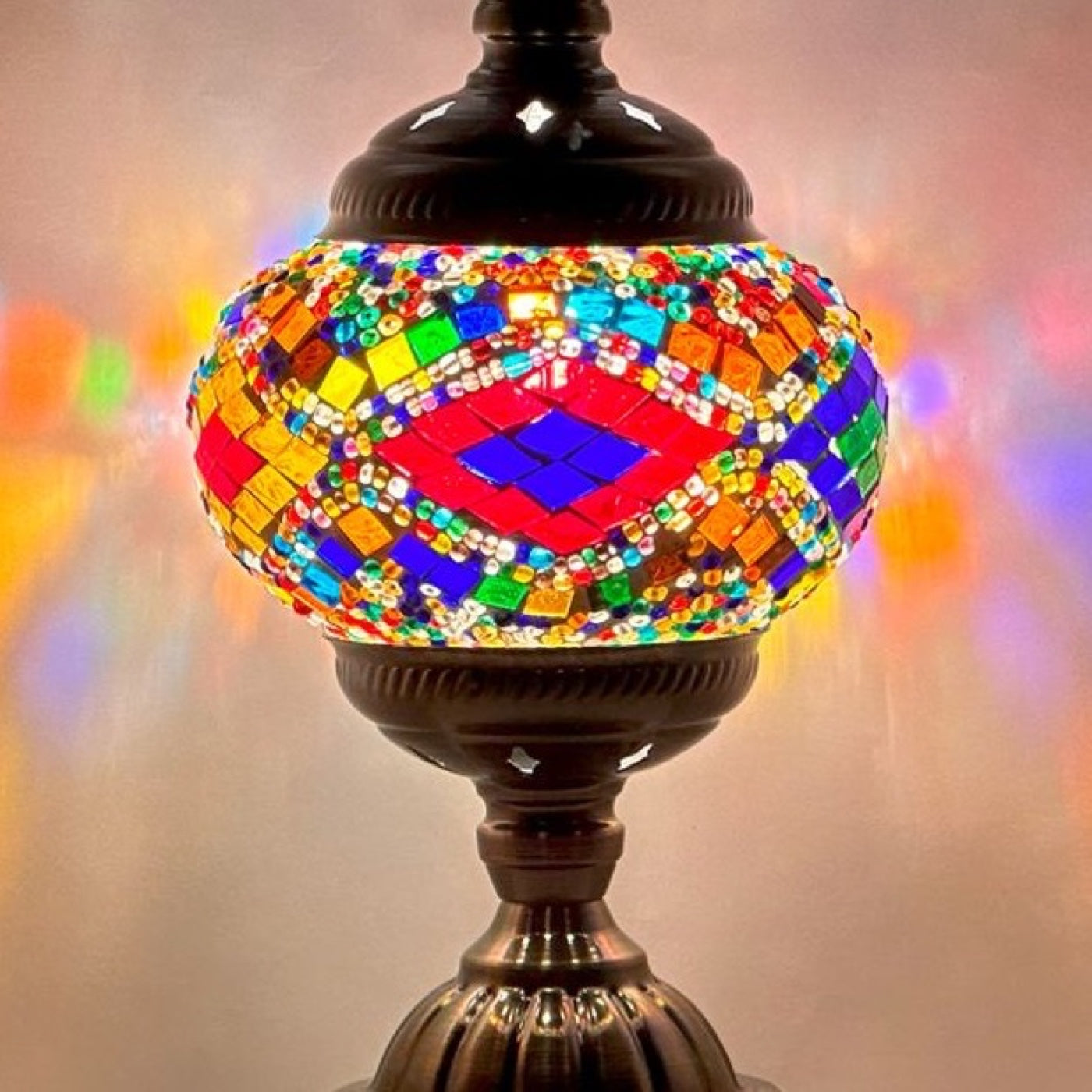 Rainbow Harmony mosaic glass table lamp — close-up of the hand-cut mosaic glass