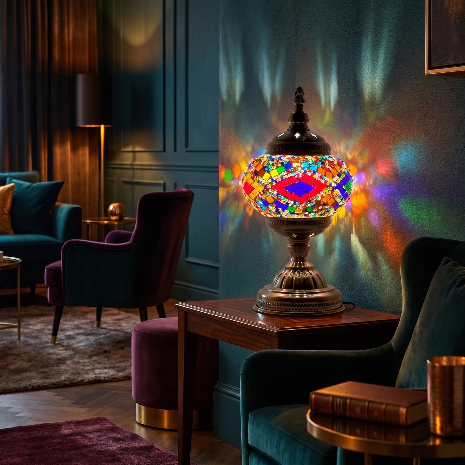 Rainbow Harmony mosaic glass table lamp — glowing in a warm, dimly-lit evening room