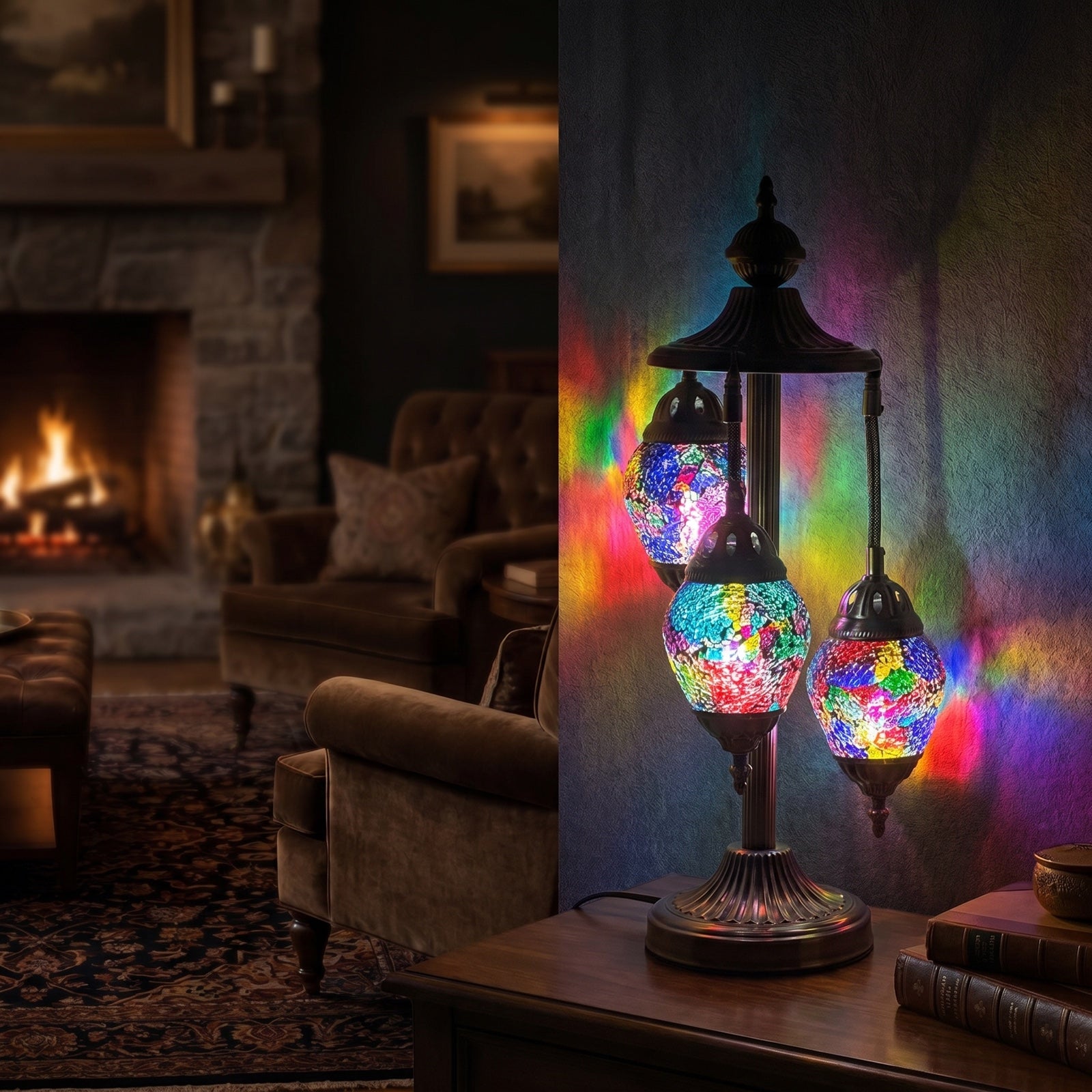 Rainbow Spectrum Egg mosaic glass table lamp — glowing in a warm, dimly-lit evening room