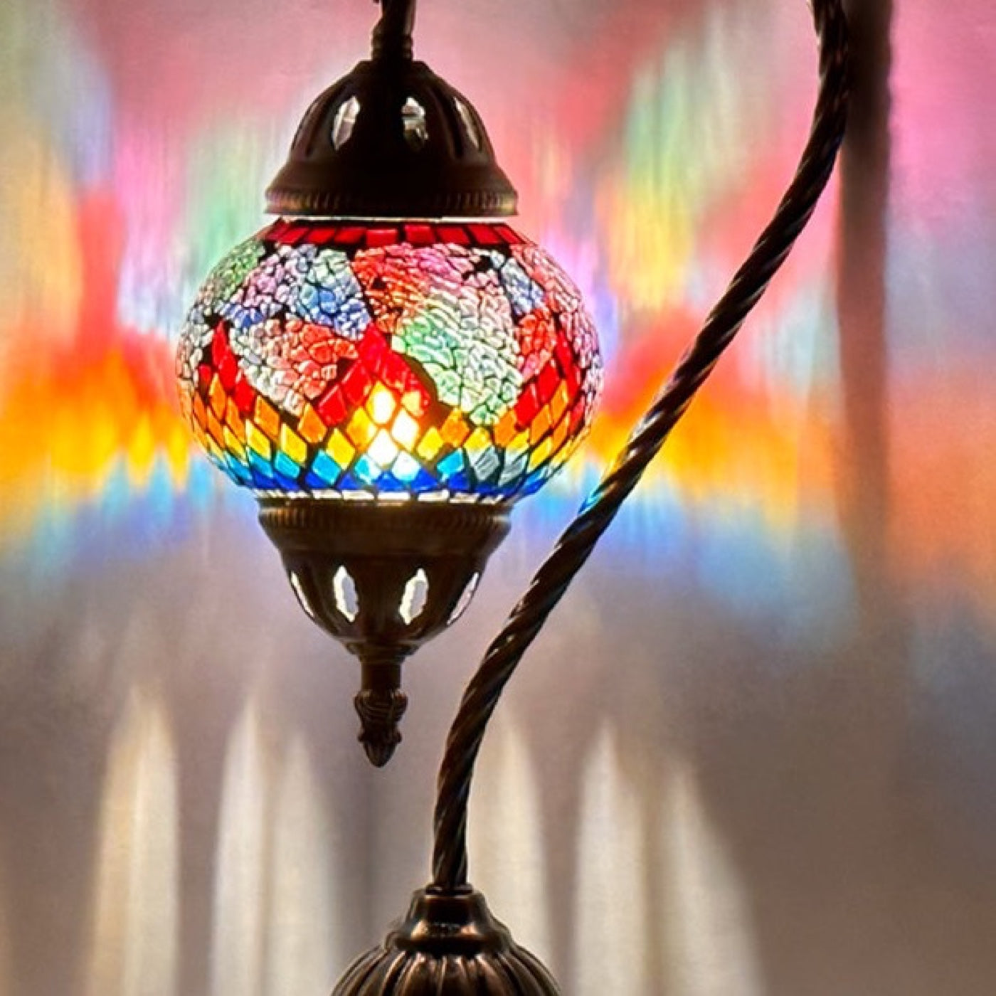Rainbow Swan Neck Turkish Lamp with Goose Neck Style mosaic glass table lamp — close-up of the hand-cut mosaic glass
