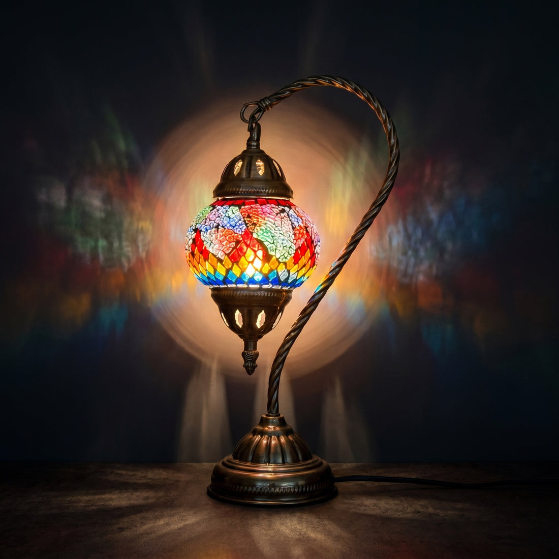 Rainbow Swan Neck Turkish Lamp with Goose Neck Style mosaic glass table lamp — glowing against a deep charcoal background
