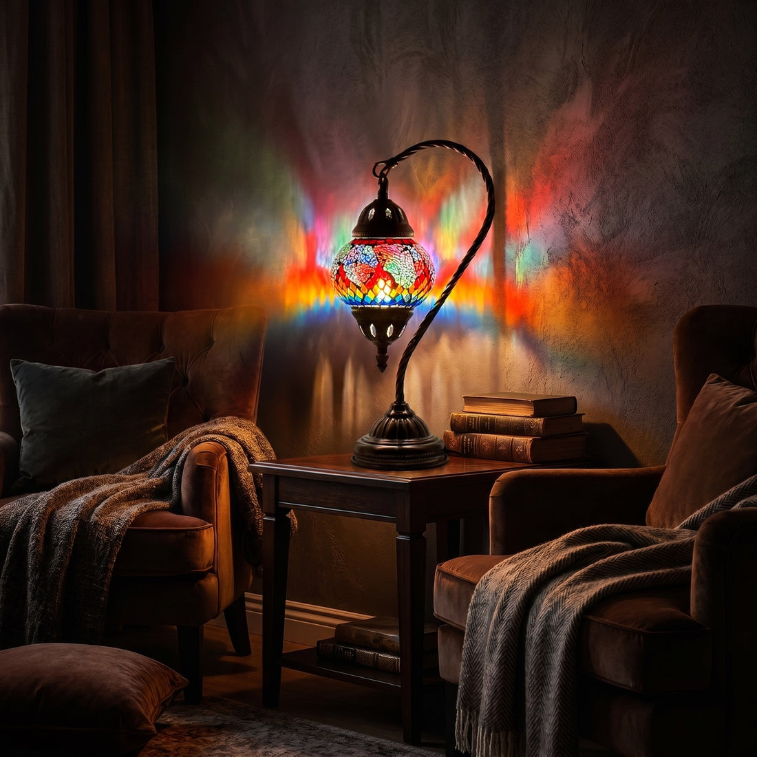 Rainbow Swan Neck Turkish Lamp with Goose Neck Style mosaic glass table lamp — glowing against a deep charcoal background