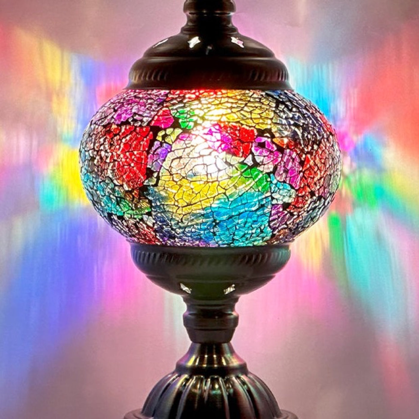 Rainbow Turkish Lamp with Mosaic glasses mosaic glass table lamp — close-up of the hand-cut mosaic glass