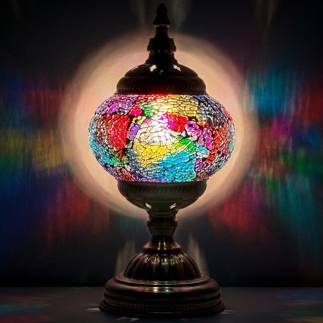 Rainbow Turkish Lamp with Mosaic glasses mosaic glass table lamp — glowing against a deep charcoal background