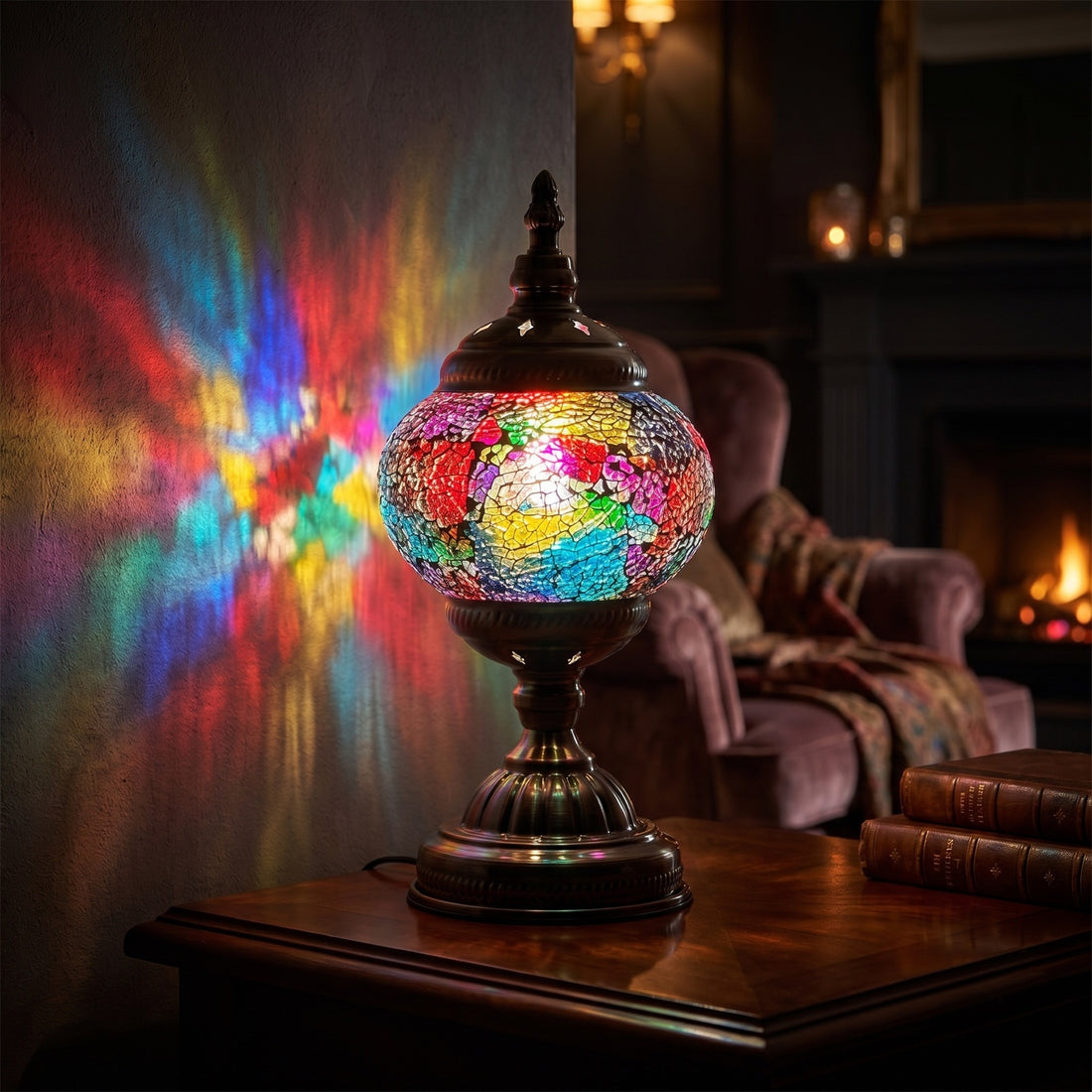 Rainbow Turkish Lamp with Mosaic glasses mosaic glass table lamp — glowing against a deep charcoal background