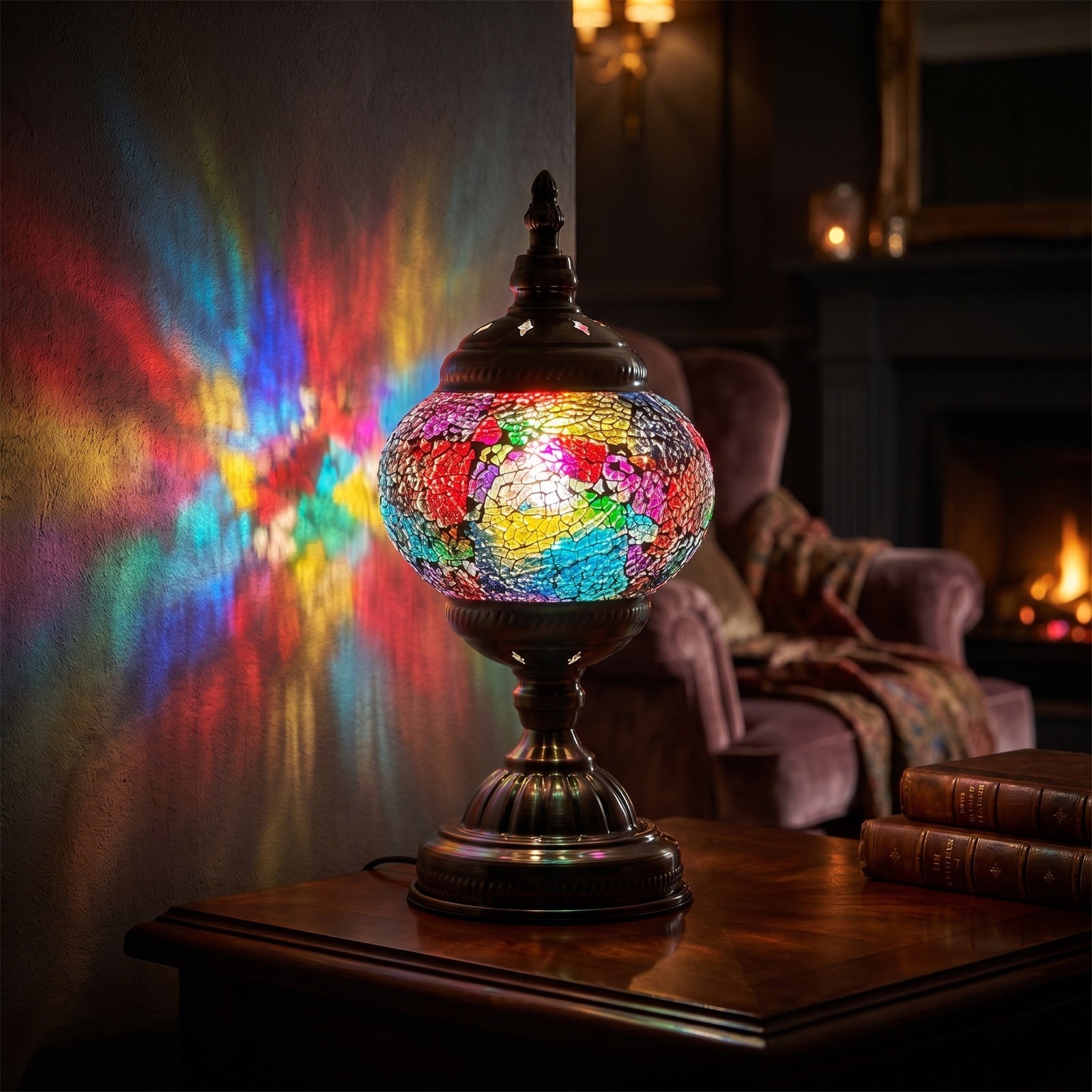 Rainbow Turkish Lamp with Mosaic glasses mosaic glass table lamp — glowing in a warm, dimly-lit evening room