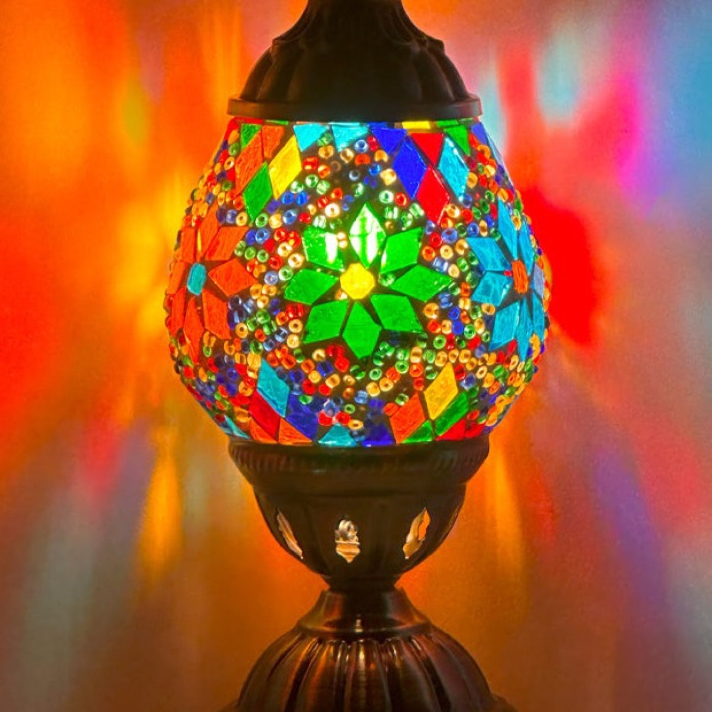 Rainbow Wildflowers Mosaic Desk Lamp mosaic glass table lamp — close-up of the hand-cut mosaic glass