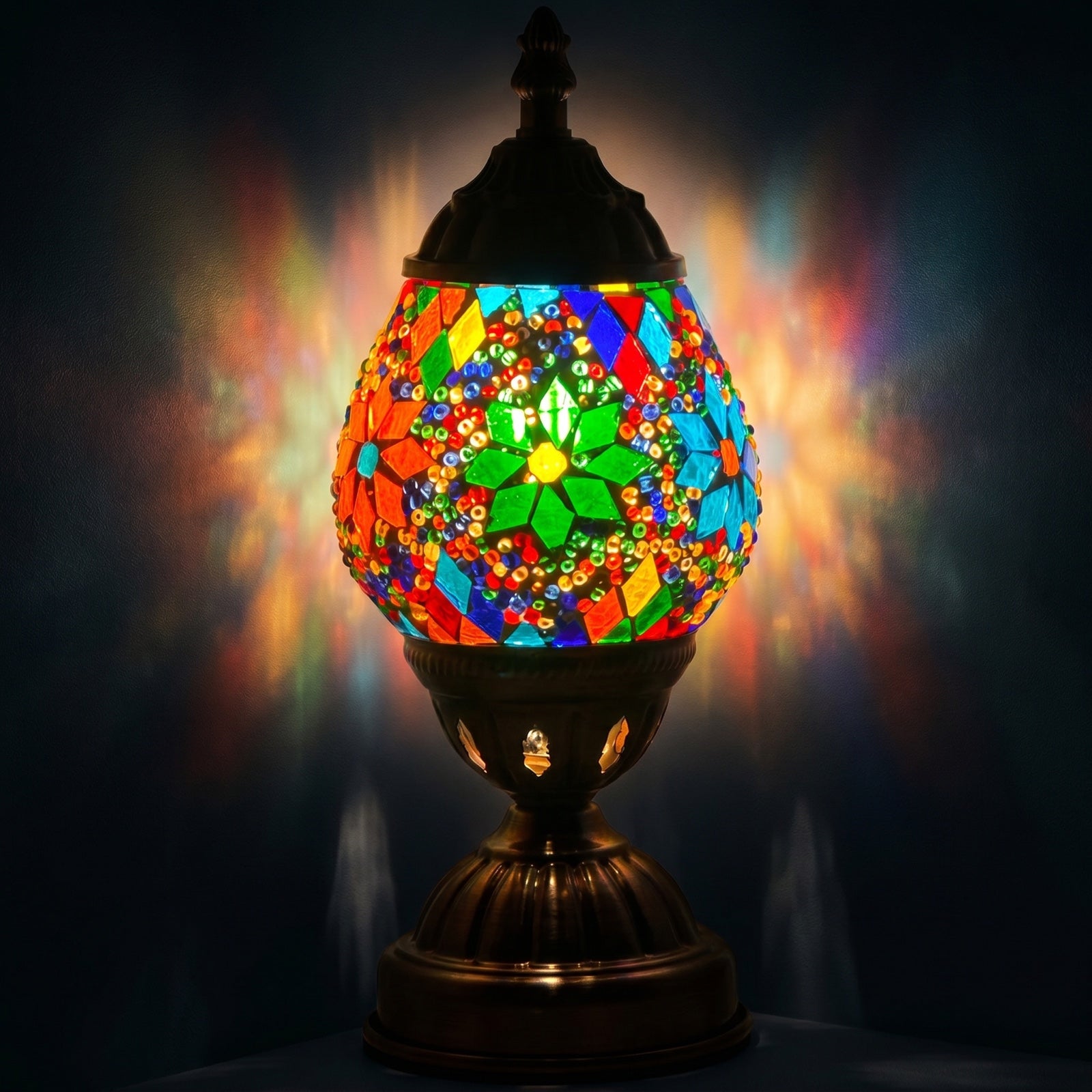 Rainbow Wildflowers Mosaic Desk Lamp mosaic glass table lamp — glowing against a deep charcoal background