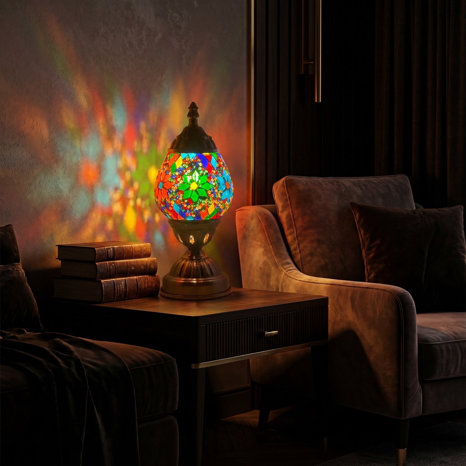 Rainbow Wildflowers Mosaic Desk Lamp mosaic glass table lamp — glowing in a warm, dimly-lit evening room
