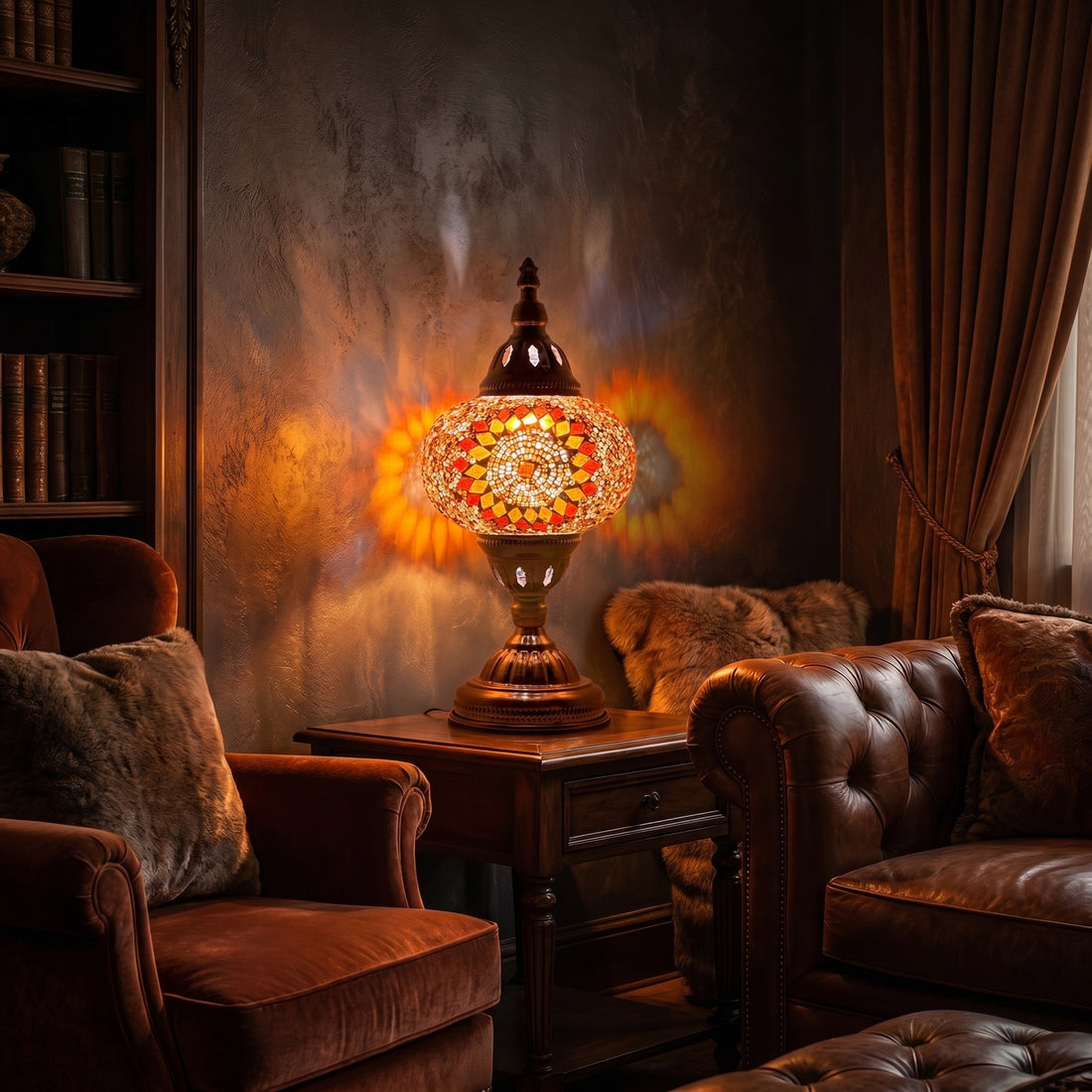 Retro Elegance mosaic glass table lamp — glowing against a deep charcoal background