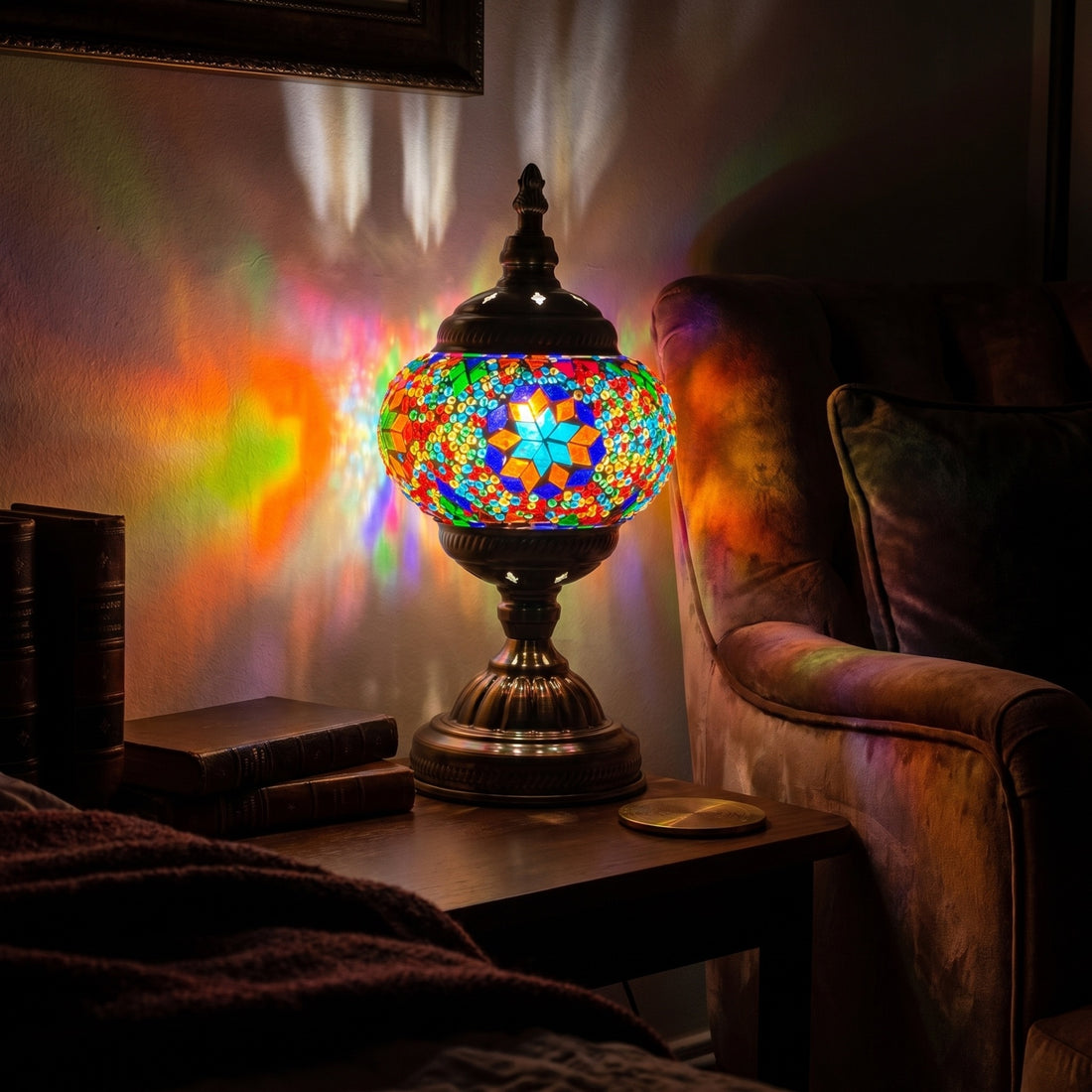 Retro Rainbow mosaic glass table lamp — glowing against a deep charcoal background