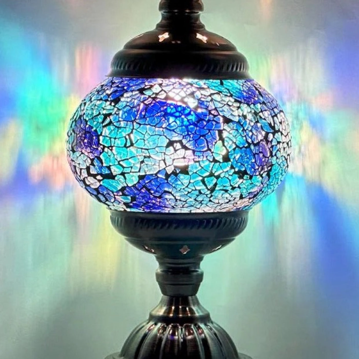 Round Mosaic Lamp with Blue Lavender Motif mosaic glass table lamp — close-up of the hand-cut mosaic glass