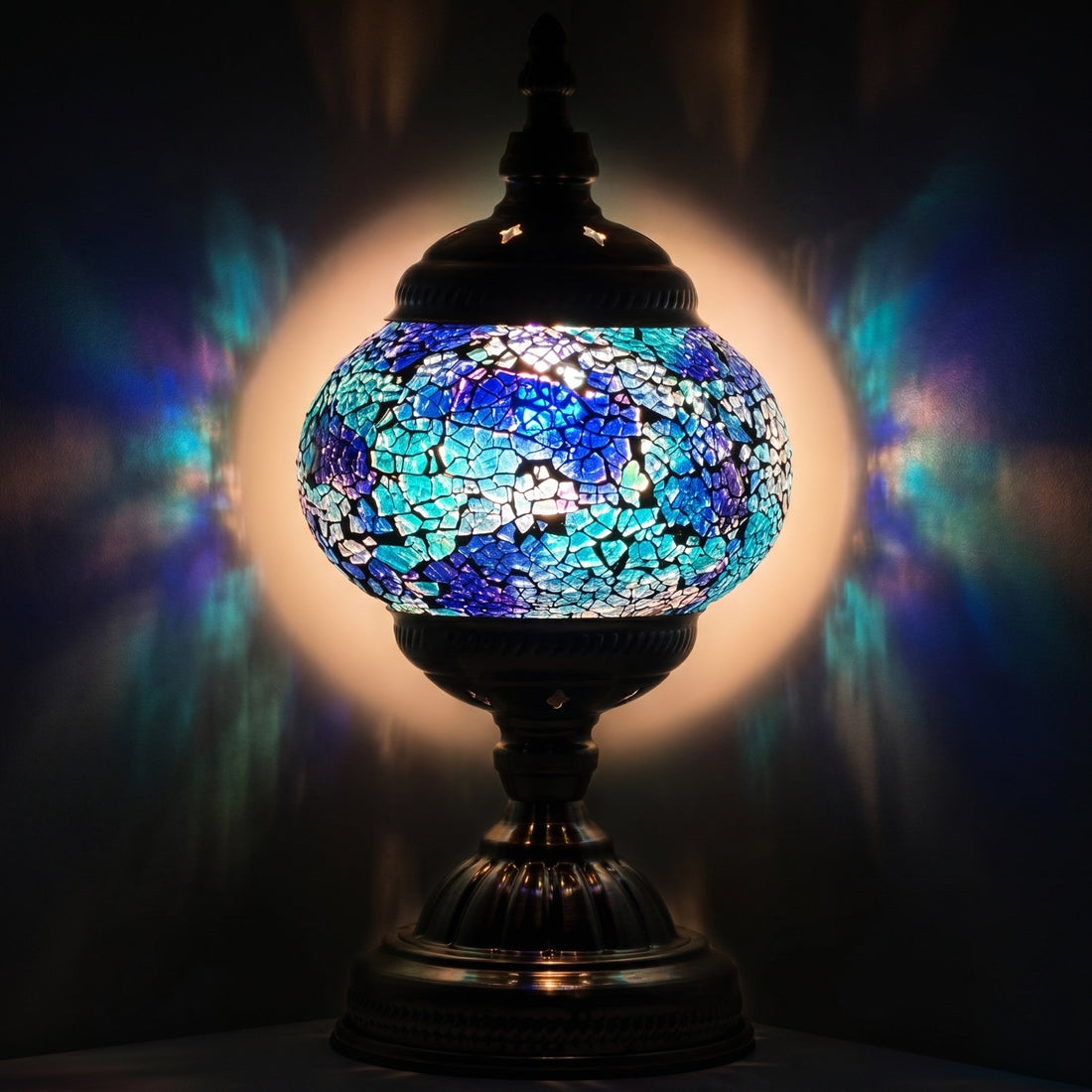 Round Mosaic Lamp with Blue Lavender Motif mosaic glass table lamp — glowing against a deep charcoal background