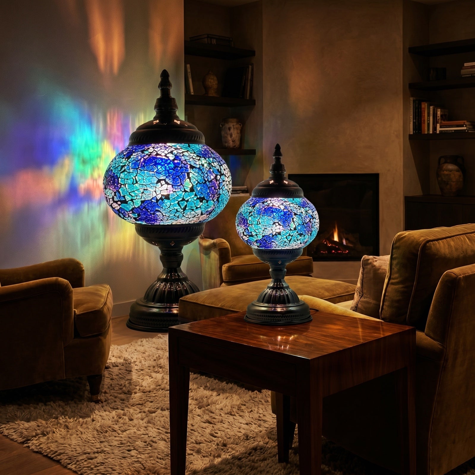 Round Mosaic Lamp with Blue Lavender Motif mosaic glass table lamp — glowing in a warm, dimly-lit evening room