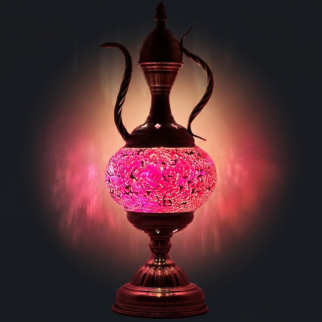 Royal Purple Dreams mosaic glass table lamp — glowing against a deep charcoal background