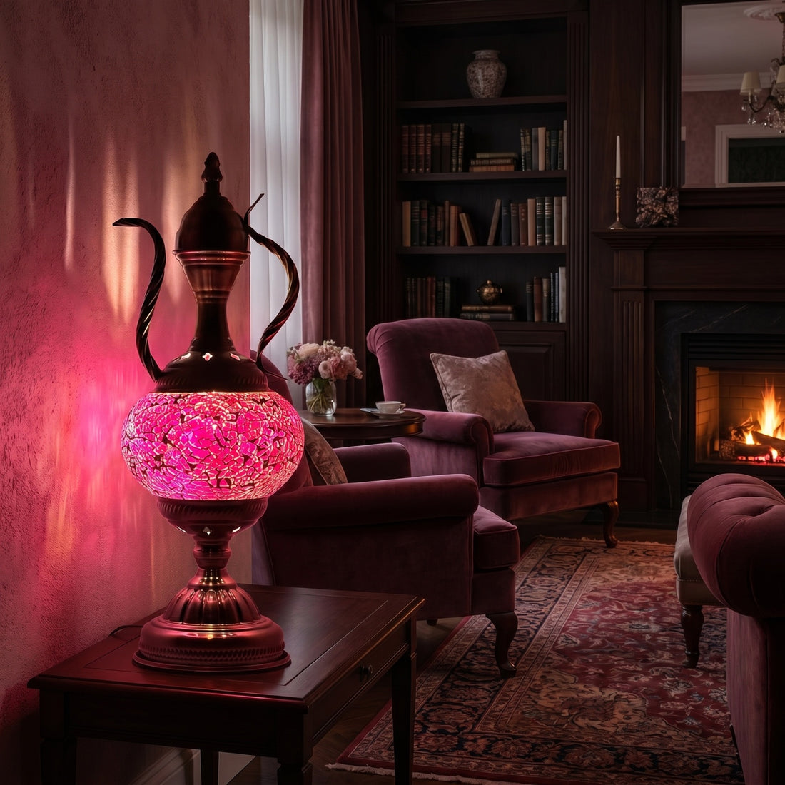 Royal Purple Dreams mosaic glass table lamp — glowing against a deep charcoal background
