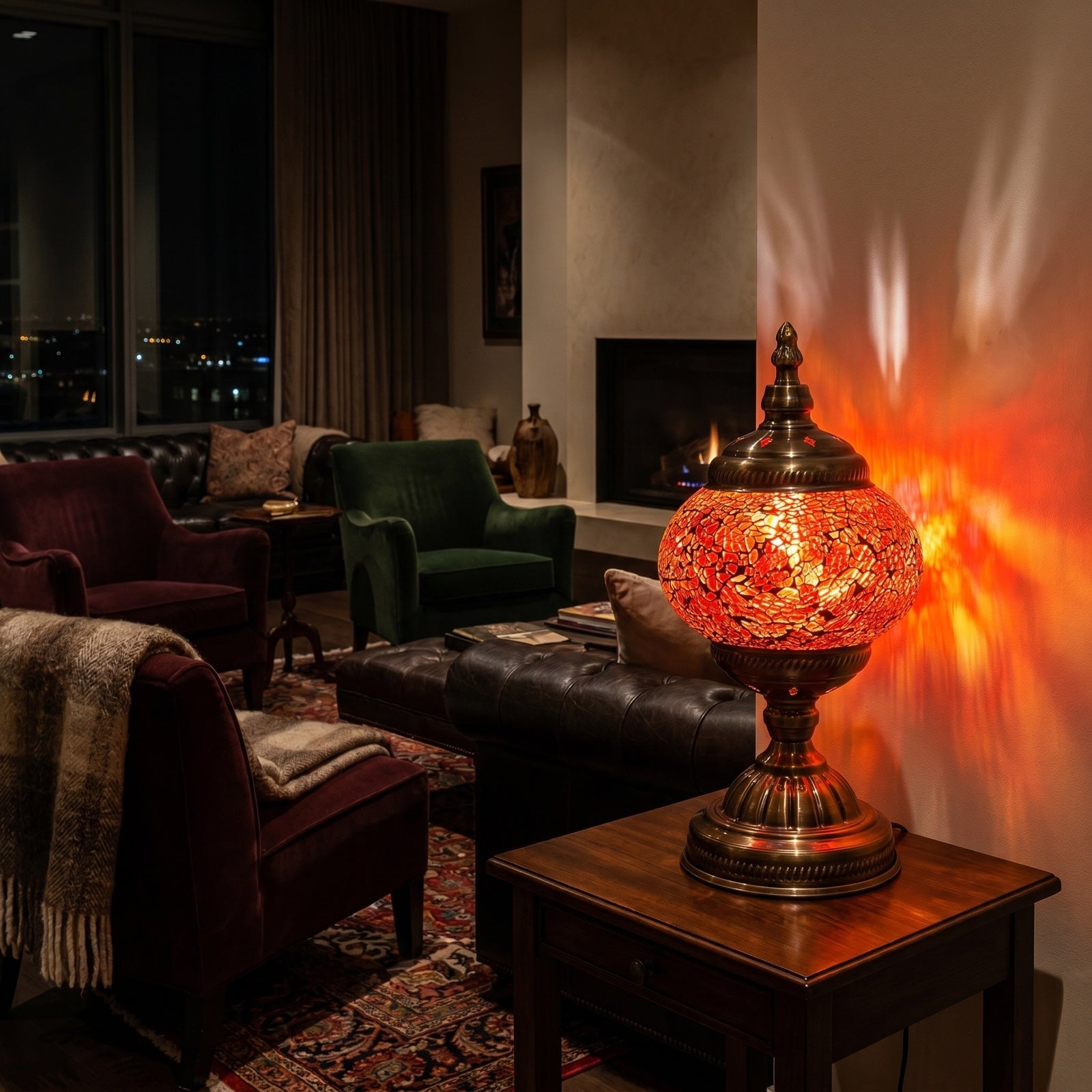 Ruby Radiance mosaic glass table lamp — glowing in a warm, dimly-lit evening room