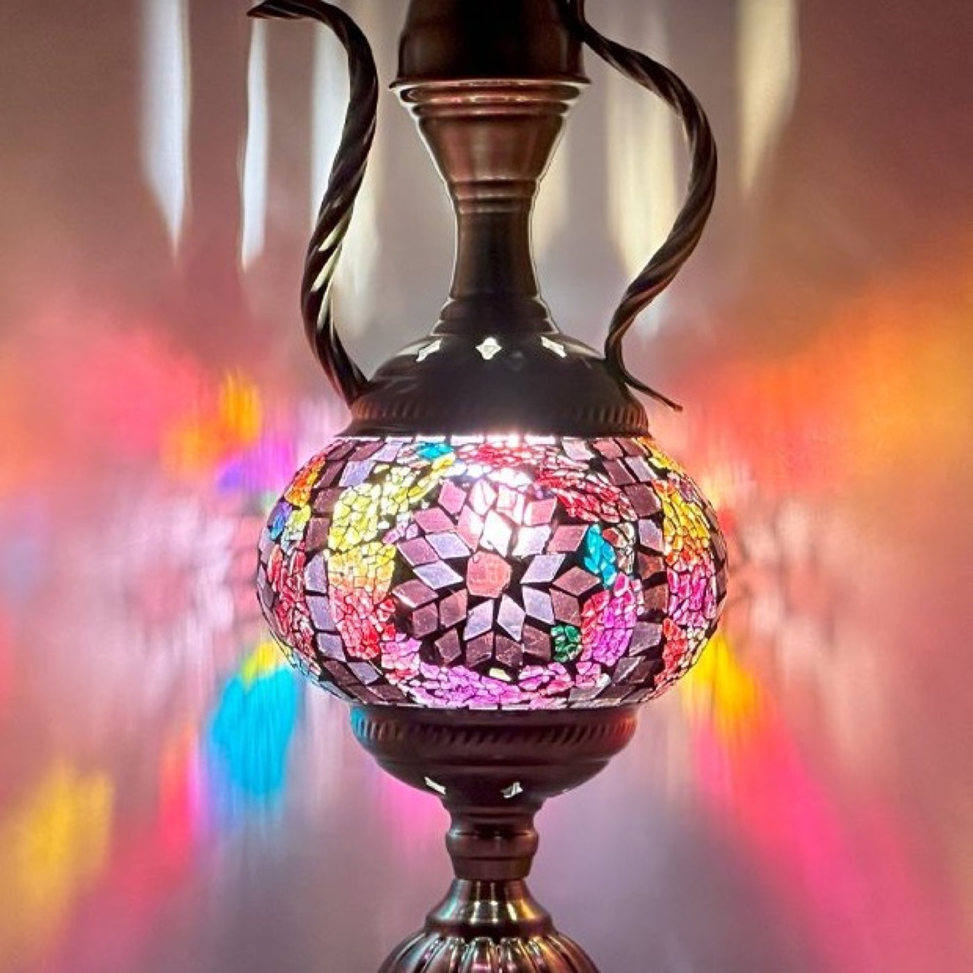 Rustic Brown Turkish Table Lamp with Mosaic Pitcher Design mosaic glass table lamp — close-up of the hand-cut mosaic glass