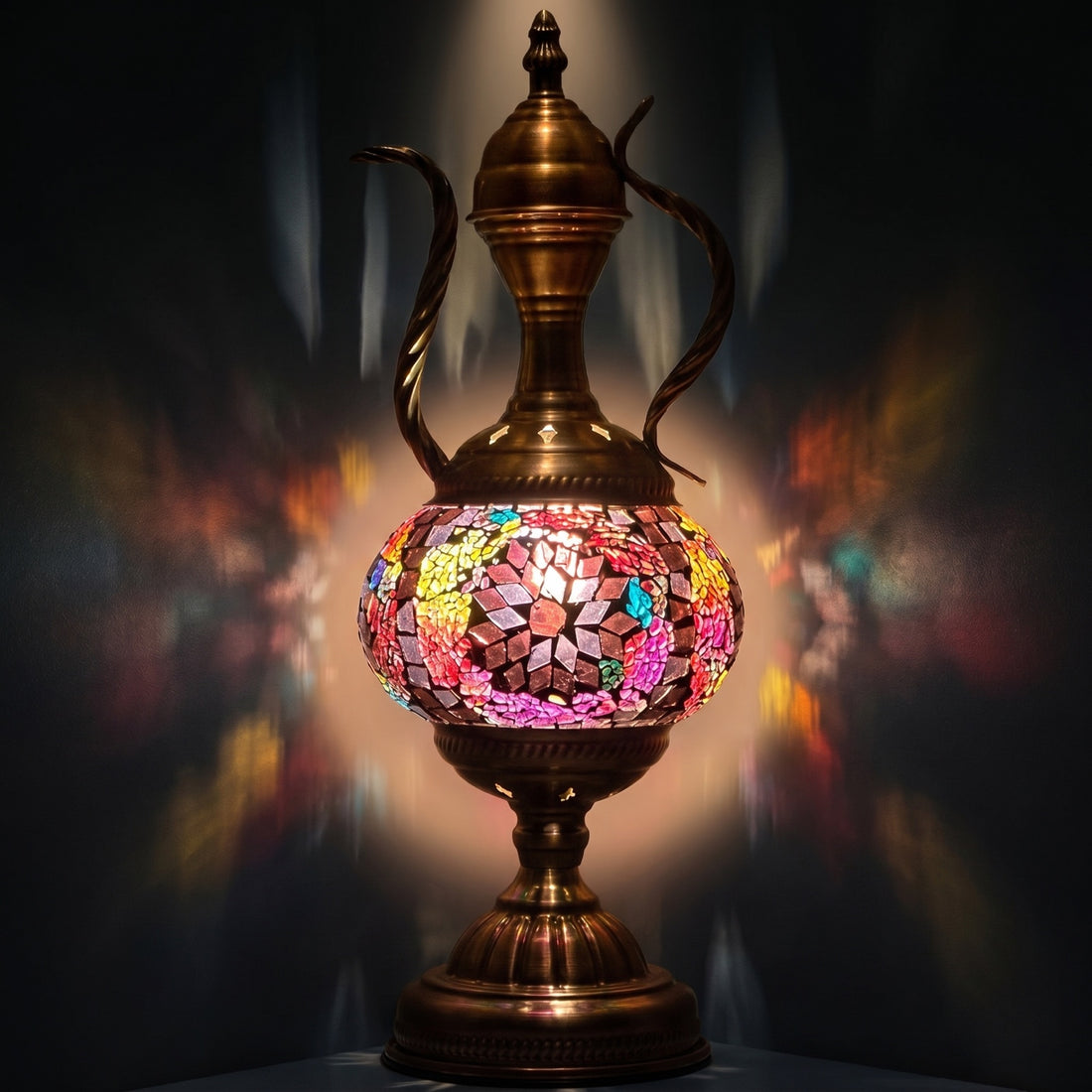 Rustic Brown Turkish Table Lamp with Mosaic Pitcher Design mosaic glass table lamp — glowing against a deep charcoal background