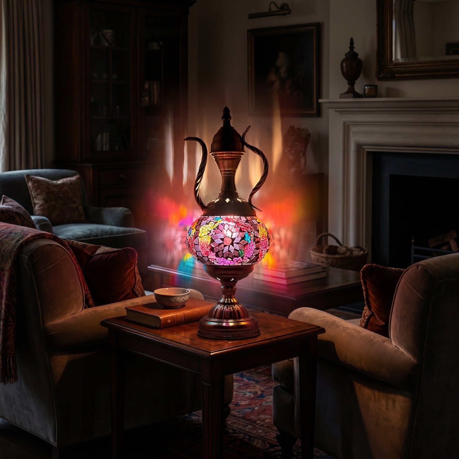 Rustic Brown Turkish Table Lamp with Mosaic Pitcher Design mosaic glass table lamp — glowing in a warm, dimly-lit evening room