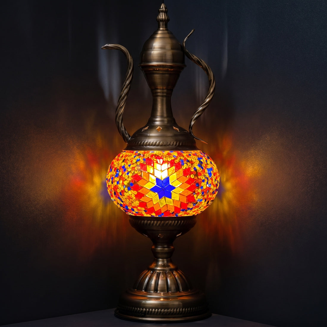 Scarlet Bloom Turkish Mosaic Lamp with Teapot Motif mosaic glass table lamp — glowing against a deep charcoal background
