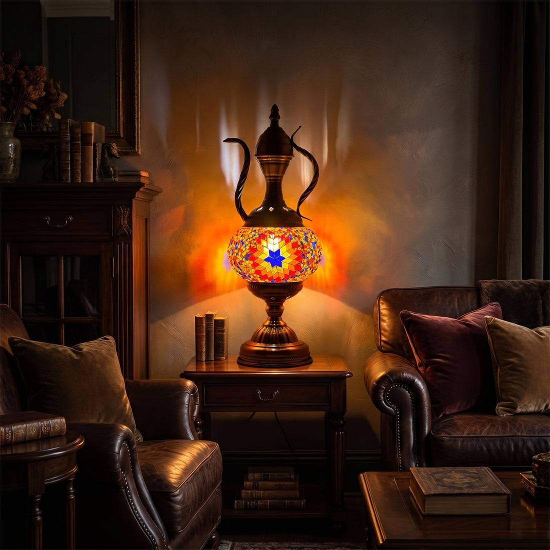 Scarlet Bloom Turkish Mosaic Lamp with Teapot Motif mosaic glass table lamp — glowing against a deep charcoal background