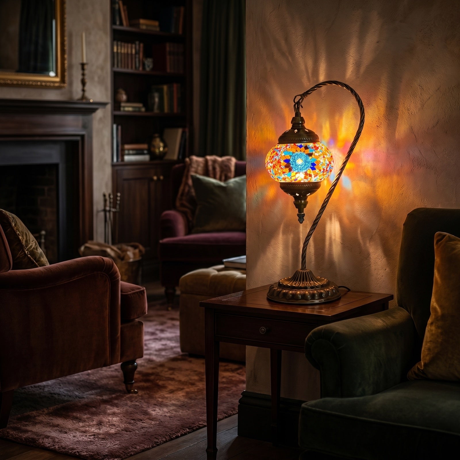 Scarlet Sunflower mosaic glass table lamp — glowing in a warm, dimly-lit evening room