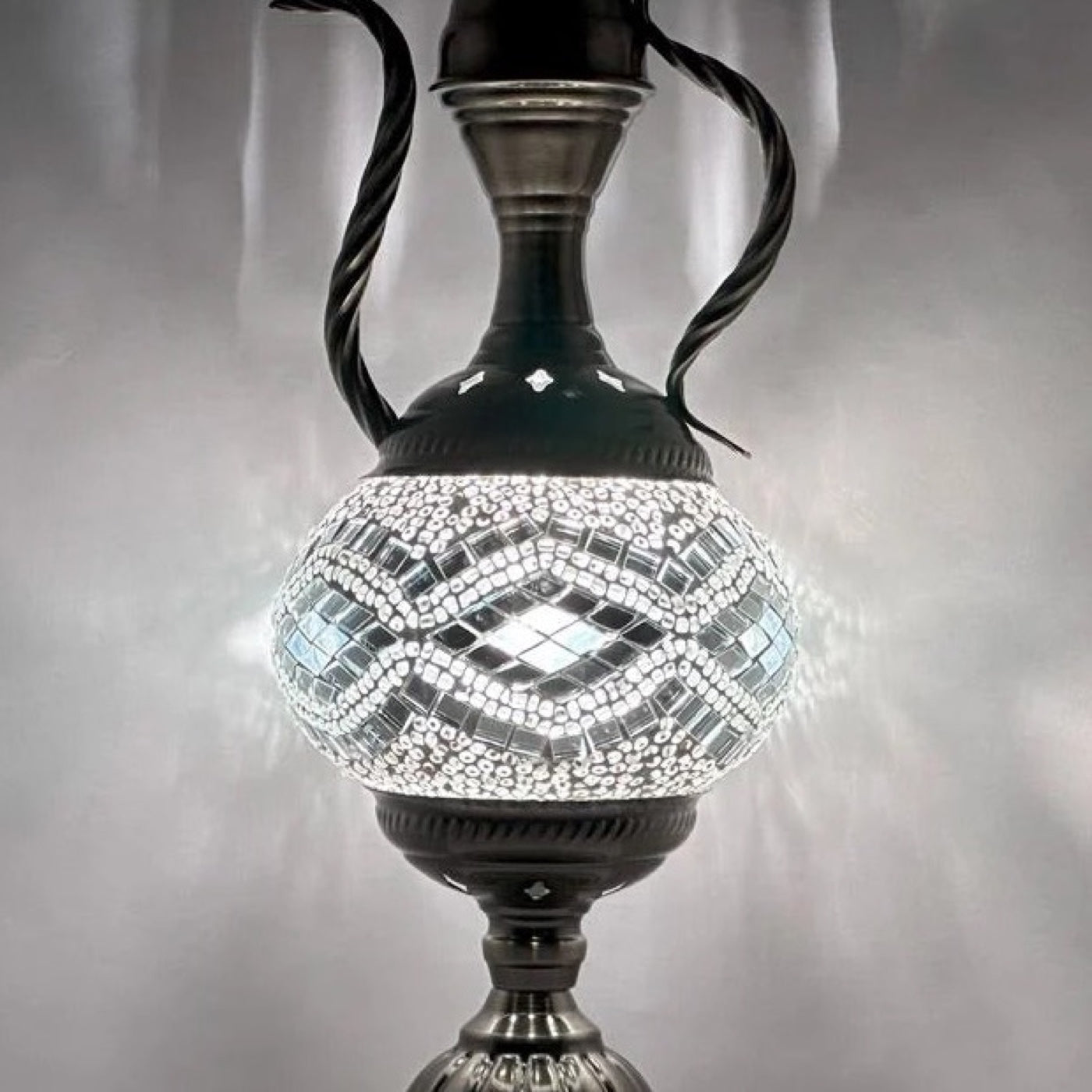 Silvery Serenity mosaic glass table lamp — close-up of the hand-cut mosaic glass